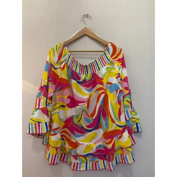 John Mark Abstract Wave Smocked Round Neck 3/4 Bell Sleeve Ruffled Tunic Sz 2X - Picture 6 of 6